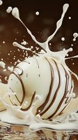 White chocolate candy with dark stripes splashing in milk or cream creating dynamic drops and splashes against dark brown background. For food advertising.