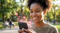 Young African American woman smiling while using smartphone with floating heart icons in sunny park, representing social media engagement and digital connection.