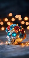 Decorated sugar skull with blue and red roses, fairy lights creating magical bokeh background. Mexican folk art celebration with glowing ornate calavera design.
