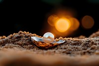 Pearl resting in seashell on sandy beach at sunset with golden bokeh lights, macro photography capturing natural treasure in warm evening light.
