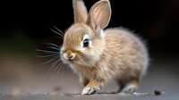 Adorable dwarf rabbit with light brown fur and blue eyes sitting on blurred background, close-up portrait of young bunny showing curious expression.