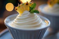 Creamy whipped dessert topped with fresh pineapple slice and mint leaf in elegant glass, soft bokeh background creates luxurious mood for food photography.