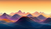 Abstract flowing mountain landscape with gradient waves in purple blue orange colors creating dreamy surreal terrain for modern digital art backgrounds.