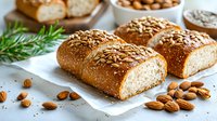 Fresh baked whole grain bread loaves topped with sunflower seeds and almonds on white marble surface, served with rosemary sprigs and scattered nuts.