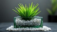 Artificial succulent plant in glass pot with white decorative pebbles on dark background, modern minimalist home decor and interior design element.