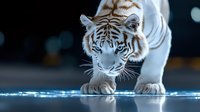 Majestic white tiger walking on reflective surface with glowing blue light effect, fierce predator expression, dramatic lighting creates mysterious atmosphere.