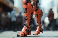 Futuristic robotic legs in bright orange color with mechanical details walking on urban street with blurred crowd in background.