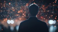 Silhouette of businessman against glowing network connections and orange bokeh lights. Dark moody atmosphere suggests technology innovation and digital transformation.