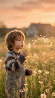 Young child, approximately 2-3 years old, Caucasian, blowing dandelion seeds in a sunlit meadow at golden hour. Wearing striped sweater and denim overalls. Rural farmhouse visible in soft focus background.