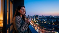 Woman holding cup of tea on balcony at dusk overlooking illuminated cityscape. Evening relaxation, urban lifestyle, contemplation concept for wellness and modern living.
