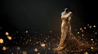 Elegant golden evening gown on mannequin with sparkling particles and bokeh lights against dark background, suitable for fashion, luxury, and evening wear design projects.