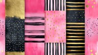 Trendy watercolor pattern with gold foil dots, black stripes and pink blocks creates modern geometric design for fashion, packaging and digital backgrounds.