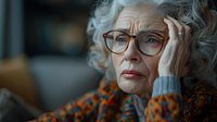 Senior Caucasian woman with gray curly hair and stylish glasses showing worried expression, wearing orange patterned sweater against blurred background.
