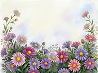 Watercolor floral border with pink, purple, and lavender daisy wildflowers on white background, copy space for greeting cards.