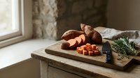 Sliced sweet potatoes and whole tubers arranged on wooden cutting board with knife and fresh rosemary sprigs by window for cooking preparation.