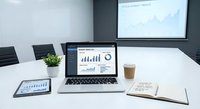 Modern business meeting room with laptop displaying financial charts and graphs on white conference table with coffee cup and notebook.