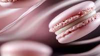 Pink macarons with delicate cream filling on dark background, soft focus macro photography creates dreamy atmosphere. Sweet French pastry dessert.