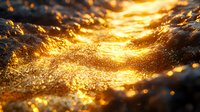Shimmering golden water surface with sunlight creating magical bokeh effect and sparkling waves at sunset, macro photography capturing nature's ethereal moment.