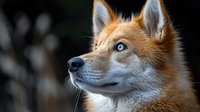 Red and white husky dog with striking blue eyes gazing upward against dark background, dramatic side profile portrait showing distinctive facial features and alert expression.
