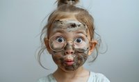 Funny portrait of messy little girl with round glasses and dirty face covered in chocolate or mud making silly expression against light background.