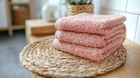 Stack of soft pink coral towels folded on woven rattan placemat in bright modern bathroom interior with natural lighting and home decor elements.