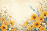 Cheerful sunflowers and delicate blue wildflowers create romantic floral border on soft beige watercolor background, artistic botanical composition for stationery design.