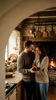 Young couple sharing romantic moment in rustic kitchen with fireplace, man giving gift to surprised woman during cozy evening celebration.