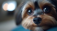 Close up portrait of Yorkshire Terrier puppy with expressive blue eyes and silky fur looking directly at camera against blurred background.