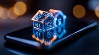 Glowing digital house with dollar symbol on smartphone screen against blurred bokeh background, representing real estate technology and mobile banking.