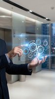 Businessman interacting with futuristic holographic interface displaying 24/7 service gears and digital elements in modern office environment.