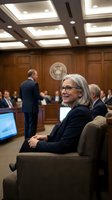 Professional mature Caucasian businesswoman smiling in formal courtroom or government meeting room with wood paneling and coffered ceiling lighting.