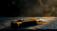 Yellow and black multitool knife with multiple blades open on dark wooden surface with dramatic lighting for outdoor adventure and survival gear concepts.