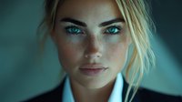 Young blonde woman with striking blue eyes and freckles in business attire against turquoise background, dramatic lighting creates mysterious professional portrait.