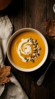 Creamy pumpkin soup topped with swirled cream and roasted seeds in a white bowl on dark wood with autumn leaves.