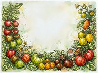 Watercolor garden frame featuring ripe tomatoes and apples with green foliage and splashes, isolated on cream background. Perfect for recipe cards, menus, and culinary designs.