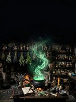 Witch's potion cauldron with glowing green magical smoke, spell book, dried herbs, and mystical apothecary shelves for fantasy and witchcraft themes.