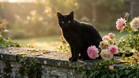 Black cat sitting on stone wall surrounded by pink and white roses in sunlit garden setting.