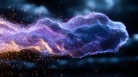 Cosmic nebula with glowing purple and orange particles forming ethereal cloud shapes against dark space background, illuminated by starlight and cosmic dust.