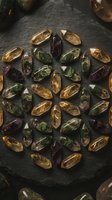 Collection of polished gemstones arranged in mandala pattern on dark slate surface featuring citrine, amethyst and green tourmaline crystals for jewelry making.