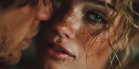 Intimate close-up portrait of young Caucasian couple with freckled woman and bearded man sharing tender moment in warm golden light for romance concepts.