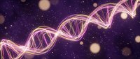 Glowing DNA double helix structure with pink and purple neon lights against dark cosmic background with bokeh effects for science and genetics concepts.