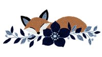 Sleeping fox embroidery design with navy blue flower and silver leaves creates delicate folk art composition on white background. Ready for textile projects.