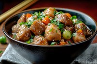 Glazed chicken pieces with green onions and cherry tomatoes in dark bowl, garnished with fresh herbs and sesame seeds, served with chopsticks on red background.