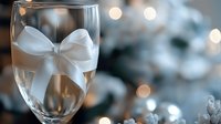 Wine glass decorated with elegant white satin bow against blurred festive background with bokeh lights and winter holiday decorations.
