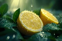 Fresh cut lemon halves with water drops on dark green leaves in dramatic lighting with sunbeams and bokeh effect creating atmospheric mood.