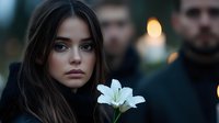 Young woman with dark hair and blue eyes holding white lily flower against dark background, dramatic portrait with soft bokeh lighting effects.