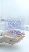 Medical professional hands presenting holographic intestinal tract anatomy with glowing purple and teal colors for healthcare education and digestive system studies.