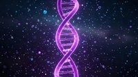 Glowing purple DNA double helix structure floating in cosmic space with sparkling particles and nebula background for genetic research concepts.