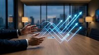 Businessman hands presenting holographic growth arrows over conference table in modern office, symbolizing business success and financial progress.