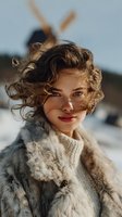 Young Caucasian woman with curly blonde hair wearing cozy fur coat outdoors in winter sunlight with warm golden hour lighting and soft natural makeup.